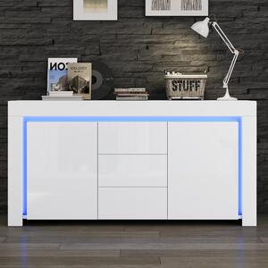 Sweiko 140x40x65cm skříňka do obývacího pokoje,Moderní komoda se 3 zásuvkami, 2 dvířka,Šířka 140 cm,Boční skříňka ve vysokém lesku s LED světelným páskem,Příborník s úložným prostorem,Vhodná do předsíně, obývacího pokoje, kanceláře,Bílá barva