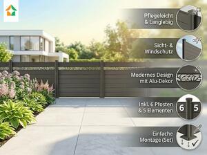 Plot z kompozitního dřeva Valla – 5 panelů, 6 sloupků s dekorativními lištami, rozměry cca 9,1 x 1,3 m