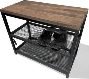 FLEXISTYLE Loft botník s lavicí černý široký dřevo dub čalouněný kov industriální styl hnědý, 60 cm