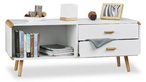 Komoda Relaxdays se zaoblenými rohy a 2 zásuvkami, dlouhá nízká skříňka s nohami, plochá TV skříňka VxŠxH 48 x 120 x 40 cm, bílá