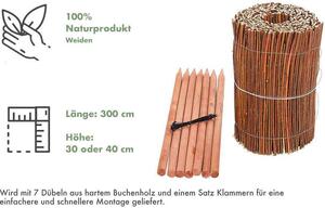BOGATECO proutěné obruby záhonů | délka 300 cm | proutěné obruby trávníků proutěný plot | 7X nabroušené dřevěné kůly z buku | výška 40 cm