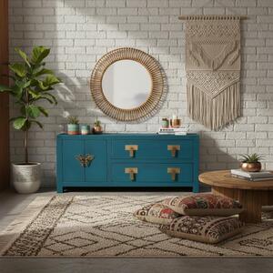 Orientální vintage nábytek Televizní komoda Příborník Lowboard TV skříňka Čínský asijský Dálný východ venkovský styl ošuntělý elegantní modrý tmavě modrý námořnický styl