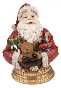 Červená vánoční dekorace Santa Claus s dárečky, medvídkem a mašinkou na zlatém podstavci – 29 cm