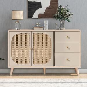 Flieks Komoda se 3 zásuvkami a 2 dvířky, ratanové skříňky do obývacího pokoje Stojací skříňka TV stolek 120x40x82,5 cm