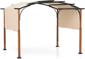 COSTWAY pergola s rozkládací střechou, 3,6x3m pavilon vodotěsný stabilní ziměodolný, zahradní pavilon s robustními kovovými sloupy béžové barvy