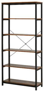 HOMCOM Retro Knihovna v Průmyslovém Stylu s 6 Otevřenými Policemi pro Knihy a Protipádovým Systémem pro Obývací Pokoj a Kancelář 80x30x180 cm v Rustik