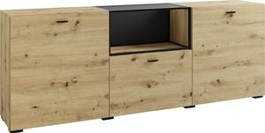 ByLIVING FRAME příborník / Řemeslný dubový vzhled / Komora s kovovým rámem a skleněnou policí, nastavitelné police / Příborník / Komoda / Rozměry: š 200, v 75,5, hl 37,5 cm