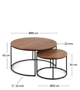 Hnědé kulaté konferenční stolky v sadě 2 ks s deskou v dekoru ořechového dřeva ø 80 cm Yona - Kave Home