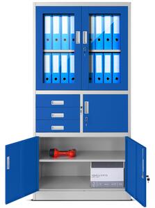 JAN NOWAK Plechová policová skříň s vitrínou, zásuvkami a trezorem pro důležité věci FILIP 900x1850x400, šedo-modrá