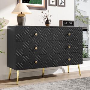 Fortuna Lai Moderní komoda se 6 zásuvkami – 120 x 40 x 80 cm – Elegantní černá barva se zlatými detaily – Kovové nohy pro větší stabilitu – Ideální do ložnice i obývacího pokoje