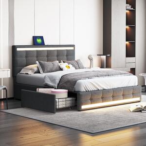 Čalouněná postel 140 x 200 cm (šedé plátno): 4 zásuvky + 2 USB porty, LED osvětlená hlavová a nožní část, odkládací plocha