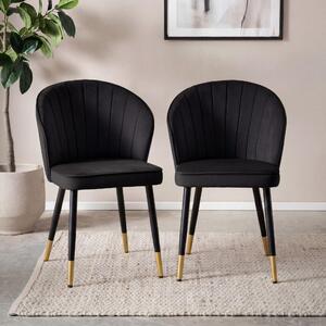 FineBuy, jídelní židle, set 2 kusů, samet, černá barva, kuchyňská židle s kovovými nohami, křeslo, skandinávský design, čalouněná židle, potah z textilu, polstrovaná židle