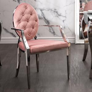 Elegantní židle MODERN BAROCK starožitný růžový samet s područkami a ozdobnými knoflíky
