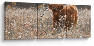 Obraz - Skotská kráva v kvítí (s hodinami) (90x30 cm)