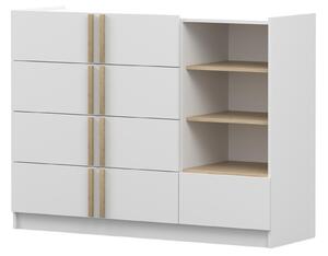 Komoda SEVILLA 5S, ložnice, příborník 135 cm, bílá/bílá, pět zásuvek, dřevěné úchytky