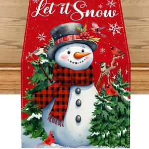 Bavlissimo Vánoční běhoun na stůl s motivem sněhuláka a ptáčků – Let it Snow, 33x180 cm