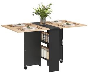 HOMCOM Skládací jídelní stůl s kolečky a skládacími křídly a policemi pro 4-6 osob 75x140x73 cm Přírodní a černá | Aosom