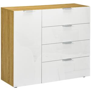 HOMCOM Komoda do ložnice, obývacího pokoje s 4 lesklými zásuvkami a nastavitelnými policemi pro jídelnu 105x35x92 cm Bílá a přírodní | Aosom