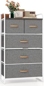 Komoda COSTWAY s 5 látkovými zásuvkami, zásuvková skříňka s kovovým rámem a dřevěným povrchem, úložná skříňka 58x30x100cm šedá