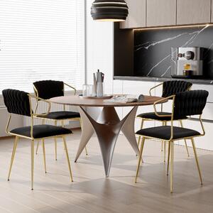 Sada 2 jídelních židlí, látkové a kovové područky, proutěné opěradlo, zlaté nohy, černé sametové čalounění, elegantní moderní design