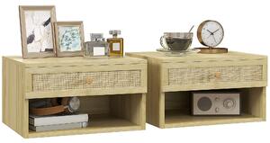 HOMCOM Set 2 Floating Nočních Stolků Závěsné Noční Stolky s Otevřeným Úložným Prostorem a Ratanovou zásuvkou pro Ložnici 40x34x23 cm Přírodní | Aosom