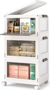 COSTWAY 75 l skládací úložný box s víkem, sada 3 plastových boxů, úložné kontejnery s kolečky a dvířky, stohovací boxy, 41x31,5x72,5 cm, bílá barva