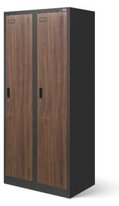 Plechová šatní skříň na soklu s polici KACPER, 800 x 1800 x 500 mm, Eco Design: antracitová/ ořech