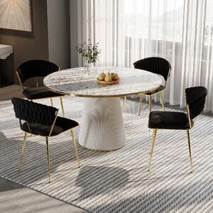 Sada 2 jídelních židlí, látkové a kovové područky, proutěné opěradlo, zlaté nohy, černé sametové čalounění, elegantní moderní design