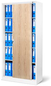 JAN NOWAK Plechová skříň s posuvnými dveřmi a policemi model KUBA 900x1850x400, bílá /dub sonoma