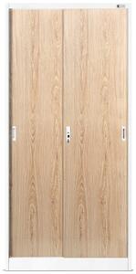 Plechová skříň s posuvnými dveřmi a policemi KUBA, 900 x 1850 x 400 mm, Eco Design: bílá/ dub sonoma