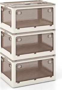 Úložné boxy COSTWAY s víkem, sada 3 stohovatelných boxů na kolečkách, skládací boxy, přístupné z 5 stran, plastové, bezpečný uzávěr, průhledné (132L)
