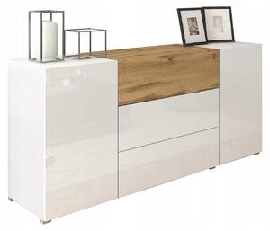 Komoda Berlin 150 cm bílý lesk/dub Wotan moderní 3 zásuvky + 2 skříňky