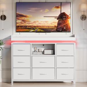 Komoda UnboxG ADB-172 v bílé barvě s 8 látkovými zásuvkami, LED osvětlením s měnícími se barvami a integrovanými zásuvkami, moderní úložná skříň do ložnice a obývacího pokoje