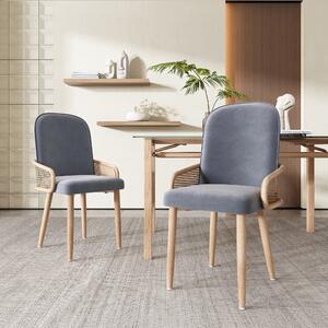 Sweiko sametová jídelní židle, sada 2 kusů, ratanový design, obývací pokoj, ložnice, se čtyřmi kovovými nohami (efekt dřeva), šedá barva