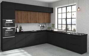 Kuchyňská linka Siena / Monza černá matná / ořech okapi, Rohová sestava B, 330 x 300 cm