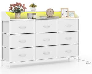 Komoda COSTWAY, úložný organizér s LED osvětlením, nabíjecí stanicí, 9 látkovými zásuvkami a kovovým rámem, televizní skříňka, zásuvková skříňka