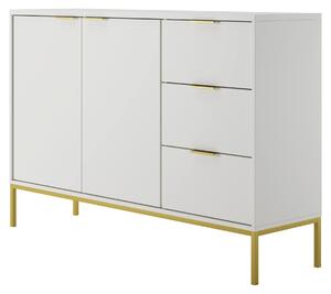 Komoda se 3 zásuvkami a 2 skříňkami, moderní příborník, bílý a zlatý ocelový rám