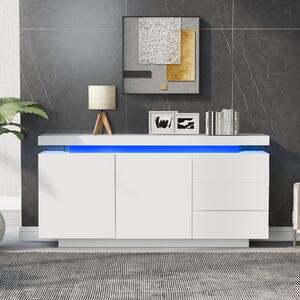 Sweiko Příborník Moderní boční skříňka do obývacího pokoje Stojanová skříňka Komoda Nábytek z vysokých příborníků 2 dvířka 3 zásuvky Příborník s LED osvětlením Bez úchytek 140x35x72,5 cm - bílá