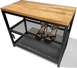 FLEXISTYLE Loft botník s lavicí černý široký dřevo dub čalouněný kov industriální styl