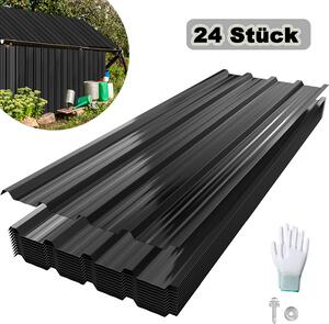 UISEBRT 24x střešní panely z trapézového plechu pro 14 m², profilovaný ocelový plech pro přístřešky pro auta, přístřešky a střechy, střešní plech z vlnitého profilu - černý