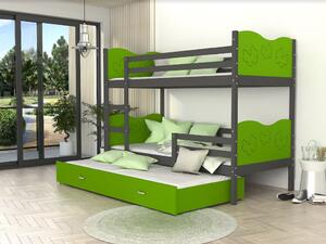 Dětská patrová postel s přistýlkou MAX Q - 200x90 cm - zeleno-šedá - motýlci