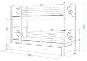 Dětská patrová postel s přistýlkou MAX Q - 200x90 cm - šedo-bílá - srdíčka