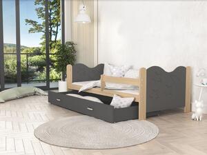 Dětská postel se šuplíkem MIKOLÁŠ - 160x80 cm - šedá/borovice - měsíc a hvězdičky