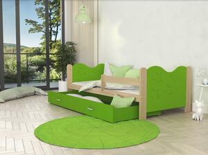 Dětská postel se šuplíkem MIKOLÁŠ - 160x80 cm - zelená/borovice - měsíc a hvězdičky