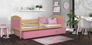 Dětská postel se šuplíkem MATTEO - 160x80 cm - růžová/borovice