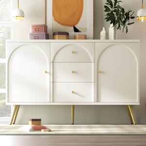 Komoda Flieks se 3 zásuvkami, skříňka do obývacího pokoje se 2 dvířky, komoda s kovovými nožkami, 140x40x84cm, krémově bílá