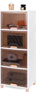 Úložný box COSTWAY 150 l, sada 4 stohovatelných plastových boxů s magnetickými dvířky a dřevěnými nožičkami, 45 x 38 x 117 cm, bílá barva