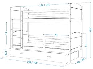 Dětská patrová postel s přistýlkou MATTEO - 190x80 cm - modrá/borovice