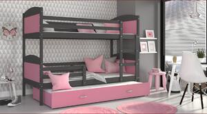 Dětská patrová postel s přistýlkou MATTEO - 190x80 cm - růžovo-šedá