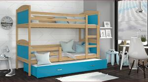 Dětská patrová postel s přistýlkou MATTEO - 190x80 cm - modrá/borovice